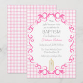 009 Fuchsia Scroll Gingham Kruis Kaars Doopuitnodi Kaart (Voorkant / Achterkant)