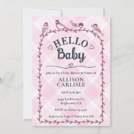 009 Fuchsia Watercolor Gingham Birds Baby Shower Kaart