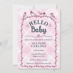 009 Fuchsia Watercolor Gingham Vogels Baby Shower Kaart
