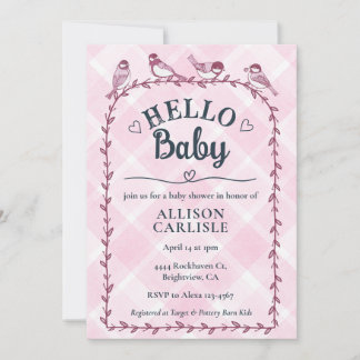 009 Fuchsia Watercolor Gingham Vogels Baby Shower Kaart