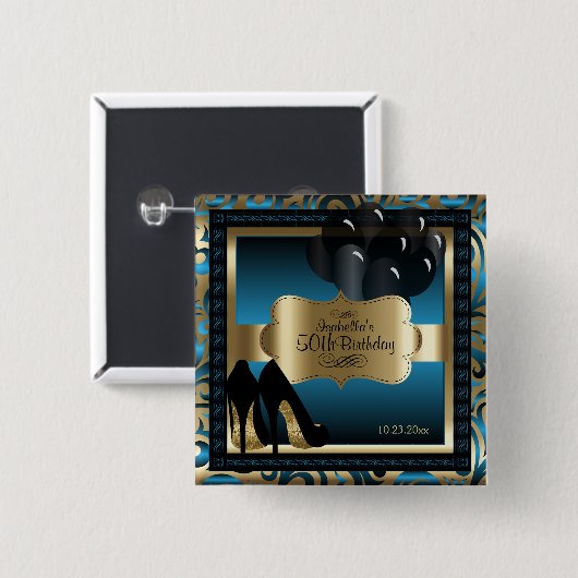 00e verjaardag | Blauw en goud Vierkante Button 5,1 Cm (Voorkant /achterkant)