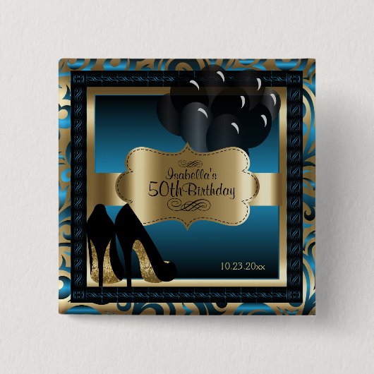 00e verjaardag | Blauw en goud Vierkante Button 5,1 Cm (Voorkant)