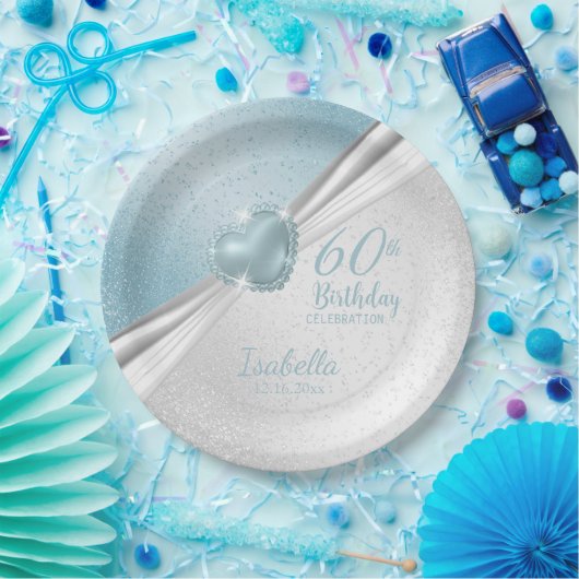 00e verjaardag - Blauw hart en wit glitter Papieren Bordje (Feest)