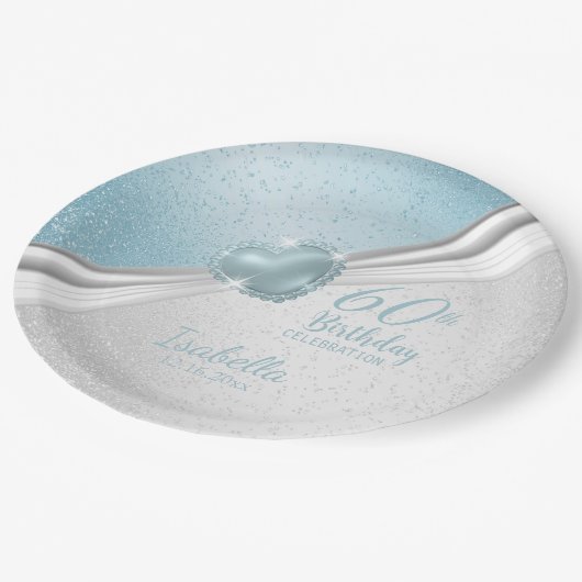 00e verjaardag - Blauw hart en wit glitter Papieren Bordje (Gekanteld)