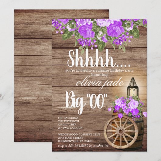 00e verjaardag - Houtsvat en paarse bloemen Kaart (Voorkant / Achterkant)