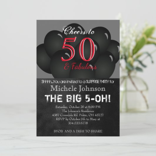 00e zwarte ballon verjaardagsfeestje kaart (Staand voorkant)