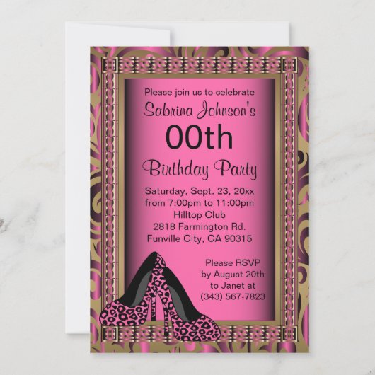 00ste verjaardagsfeestje | Roze hoge hakken luipaa Kaart (Achterkant)
