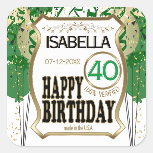 00th Birthday Name and Age - Green Vierkante Sticker (Voorkant)