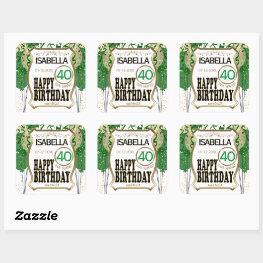 00th Birthday Name and Age - Green Vierkante Sticker (Vel)