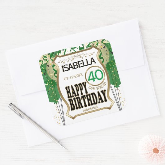 00th Birthday Name and Age - Green Vierkante Sticker (Envelop)