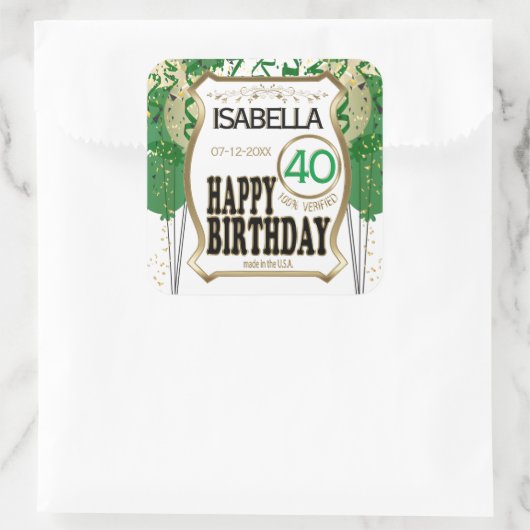 00th Birthday Name and Age - Green Vierkante Sticker (Tas)