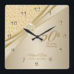 00th Gold Diamond Wedding Anniversary Keepsake Vierkante Klok<br><div class="desc">⭐ ⭐ ⭐ 5 ⭐ Star Review. 🥇 AN ORIGINAL COPYRIGHT ART DESIGN by Donna Siegrist ONLY AVAILABLE ON ZAZZLE. Featuring an elegant gold designed Anniversary Clock ready for you to personalize. This Gold Diamond Wedding Anniversary keepsake makes a wonderful gift for that special koppel. ✔ Not all template areas...</div>