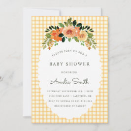 010 Amber Floral Gingham Baby Shower Invitations Kaart