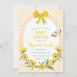 010 Amber Geel Madeliefje Strik Gingham Baby Showe Kaart