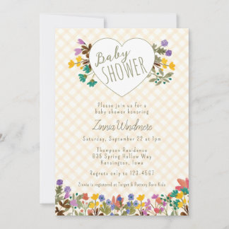 010 Amber Gingham Tuin Hart Bloemen Baby Shower Kaart