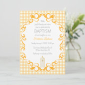 010 Amber Scroll Gingham Kruis Kaars Doop Kaart (Staand voorkant)