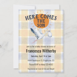 010 Amber Watercolor Plaid Stork Boho Baby Shower Kaart