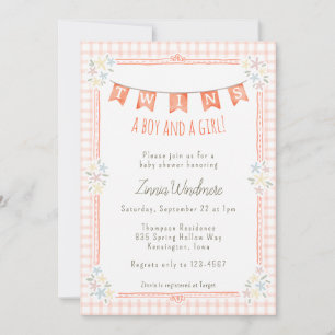 011 Terracotta Gingham Bloem Twins Baby Shower Kaart