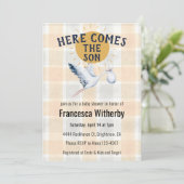 012 Copper 020 Fog Sun Plaid Stork Baby Shower Kaart (Staand voorkant)