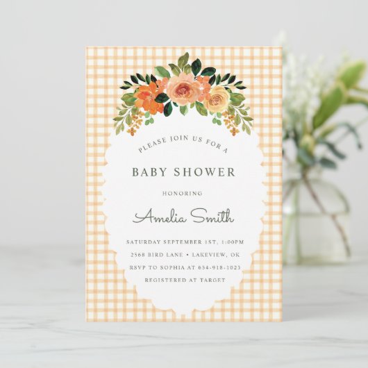 012 Copper Gingham Baby Shower Invitations Kaart (Staand voorkant)
