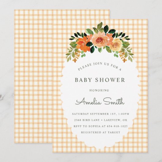 012 Copper Gingham Baby Shower Invitations Kaart (Voorkant / Achterkant)