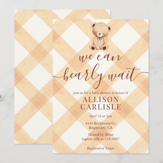 012 Copper Teddy Bear Gingham Baby Shower Kaart (Voorkant / Achterkant)