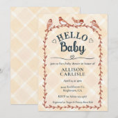 012 Copper Watercolor Gingham Birds Baby Shower Kaart (Voorkant / Achterkant)