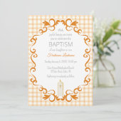 012 Koperen Scroll Gingham Kruis Kaars Doopfeest Kaart (Staand voorkant)