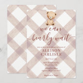 013 Chocolade Bruine Teddybeer Gingham Baby Shower Kaart (Voorkant / Achterkant)