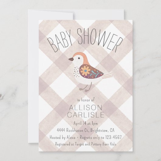 013 Chocolade Cute Bloem Vogel Gingham Baby Shower Kaart (Voorkant)