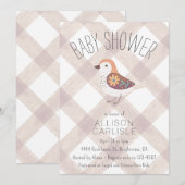 013 Chocolade Cute Bloem Vogel Gingham Baby Shower Kaart (Voorkant / Achterkant)
