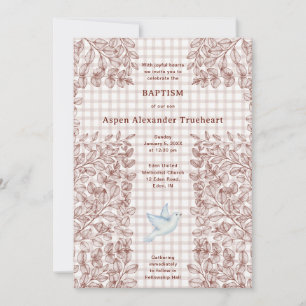 013 Chocolade Duif Botanische Kruis Gingham Doop Kaart
