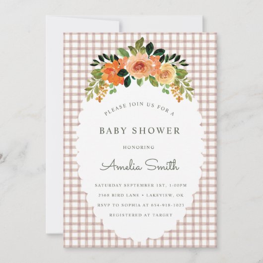 013 Chocolade Gingham Baby Shower Uitnodigingen (Voorkant)