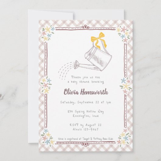 013 Chocolade Gingham Gietertje Baby Shower Kaart (Voorkant)