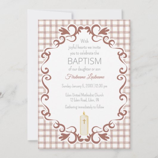 013 Chocolade Scroll Gingham Kaars Doop Kaart (Voorkant)