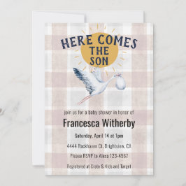 013 Chocolate 020 Fog Sun Plaid Stork Baby Shower Kaart