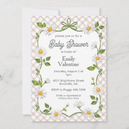 013 Chocolate Brown Floral Daisy Plaid Baby Shower Kaart