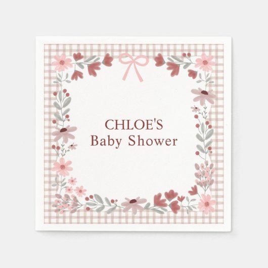 013 Chocolate Brown Wildflower Bow Gingham Shower Servet (Voorkant)