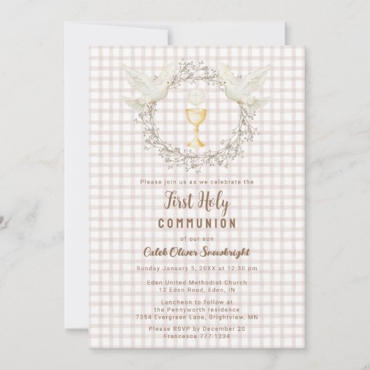 013 Chocolate Dove & Chalice Gingham Eerste Commun Kaart (Voorkant)