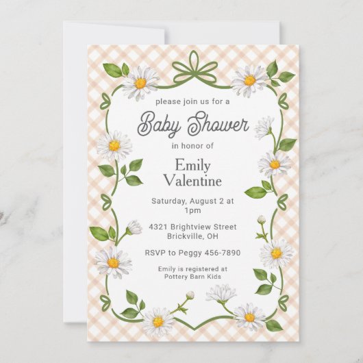 014 Latte Brown Floral Daisy Plaid Baby Shower Kaart (Voorkant)