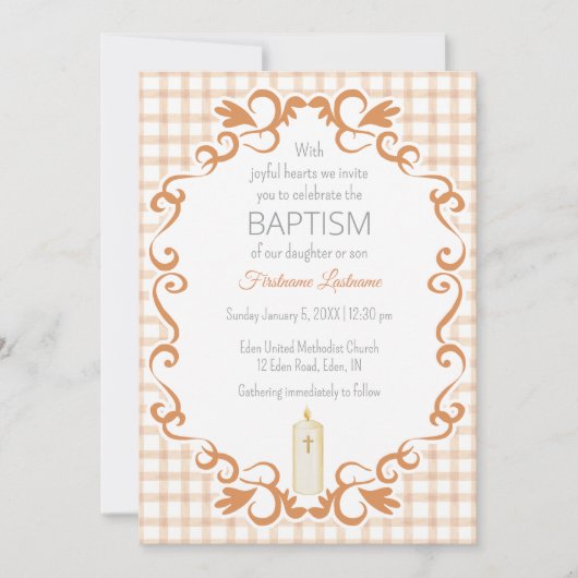 014 Latte Bruine Scroll Gingham Kruis Kaars Doop Kaart (Voorkant)