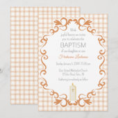014 Latte Bruine Scroll Gingham Kruis Kaars Doop Kaart (Voorkant / Achterkant)