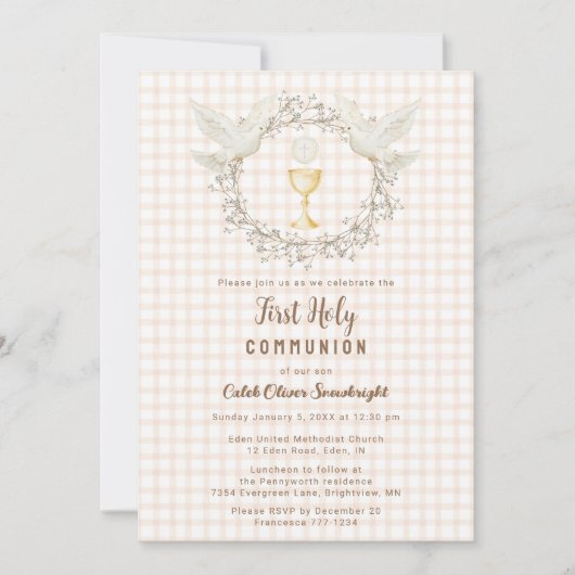 014 Latte Dove & Chalice Gingham Eerste Communie Kaart (Voorkant)