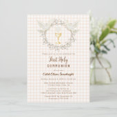 014 Latte Dove & Chalice Gingham Eerste Communie Kaart (Staand voorkant)