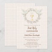 014 Latte Dove & Chalice Gingham Eerste Communie Kaart (Voorkant / Achterkant)