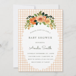 014 Latte Floral Gingham Baby Shower Invitations Kaart