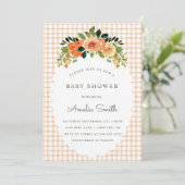 014 Latte Floral Gingham Baby Shower Invitations Kaart (Staand voorkant)
