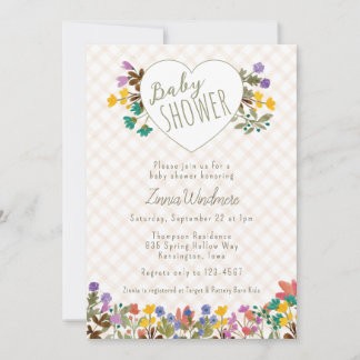 014 Latte Gingham Tuin Hart Bloemen Baby Shower Kaart