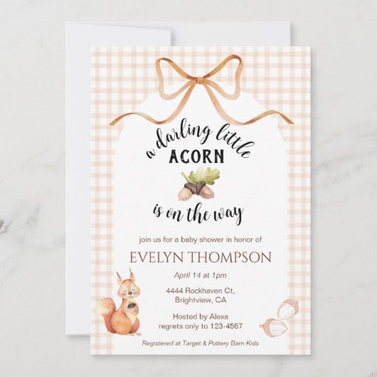 014 Latte Squirrel Acorn Gingham Bow Baby Shower Kaart (Voorkant)