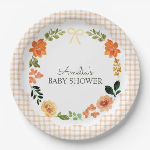 014 Latte Tan Bloemengingham Baby Shower Papieren Bordje